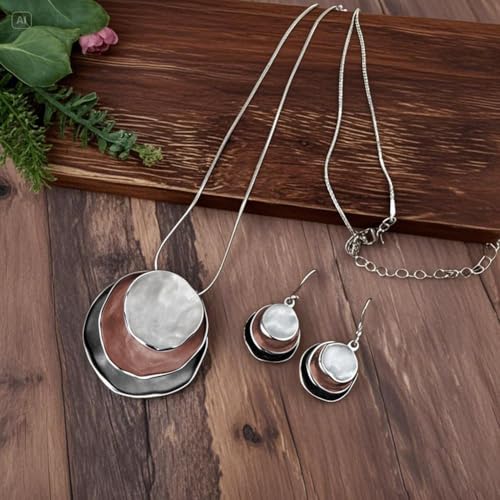 Boho Stud Earring Necklace Set,Vintage Jewelry Set,Trendy Dangle Disc Necklace Jewelry Sets for Women - color: Grey-Khaki