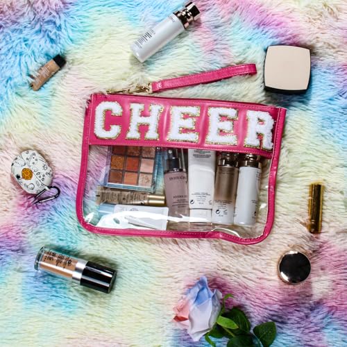 BuyCard Cheer Chenille Letter Bags Clear Makeup Bag, Cheerleader Gifts Cosmetic Bag, Varsity Preppy Patch Flat Pouch Cheer Accessories, Waterproof PVC Organizer Toiletry Bag for Women Girls - color: Rose Red-Cheer