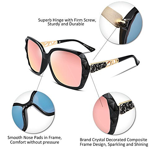 FEISEDY Polarized Women Square Sunglasses Sparkling Composite Shiny Frame B2289 - color: 4 Black/Rose Gold Pink