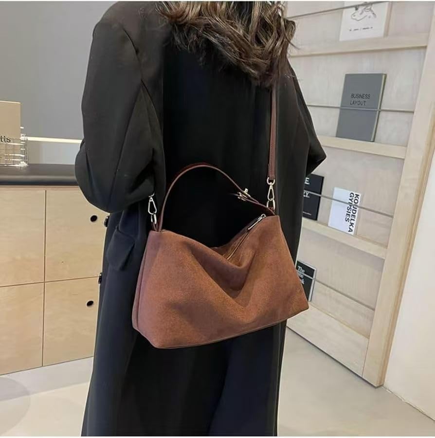 Women Slouchy Suede Satchels Shoulder Bag Faux Suede Hobo Bags Crossbody Phone Purse Top-Handle Tote Handbag Purse - color: Coffee