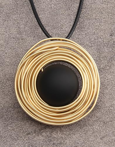 PU Leather Necklace Vintage Boho Style Multilayer Pendant Long Sweater Necklace Jewelry for Women Men with Adjustable Leather Cord - color: Gold Black Round Pendant Necklace
