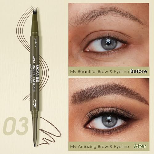 UCANBE Eyebrow Pen, Dual-Ended Eyebrow Pencil with 4-Fork-Tip & Gel Eyeliner for Women, Eye Brow Pen with Gel Eyeliner Pencil, Microblading Eyebrow Pencils with Hair Like Strokes, Dark Brown - color: Dark Brown