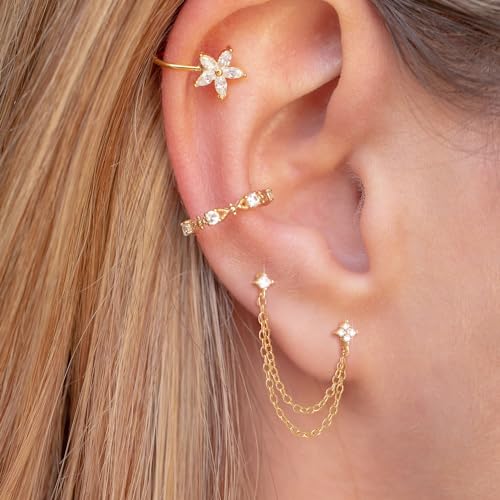 Freekiss Gold Chain Studs Earrings for Women Trendy: Hypoallergenic 14K Gold Plated Dangle Earrings Dainty Small Long Chain Earring Set Fashion Gold Jewelry for Women - style: 4cz chain earrings-gd