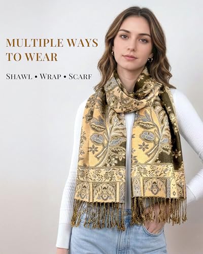 Achillea Elegant Paisley Floral Pashmina Shawl and Wrap – Boho Rave Scarf for Festival, Travel & Everyday Wear - color: Olive Green