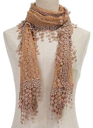 Cindy & Wendy Lightweight Soft Leaf Lace Fringe Scarf Bridal Shawl for Women - color: Brown Floral With Fringes