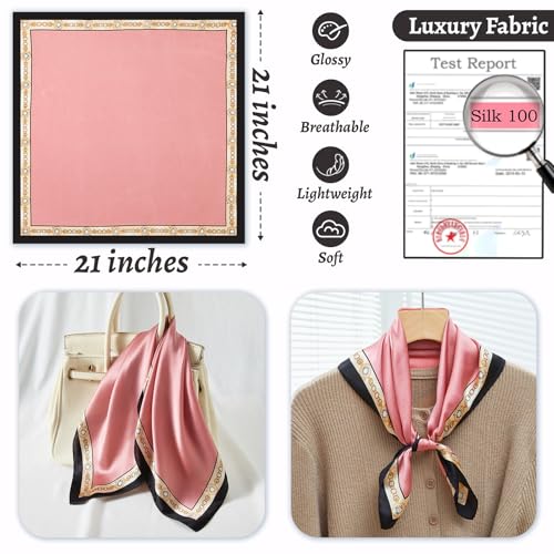100% Mulberry Silk Neck Scarf 21''x21'' Small Square Hair Scarf for Women Men Lightweight Bandana Envelope Package - color: Glamour- Pink