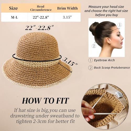 Floppy Big Beach Straw Hats for Women Foldable Summer Wide Brim Packable Sun Hat Womens Travel Straw Fedora Hat - color: Khaki-beige