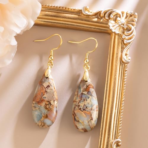 Stone Drop Earrings for Women Earrings Teardrop Jasper Stone Dangle Earrings - color: Brown-Golden Hook