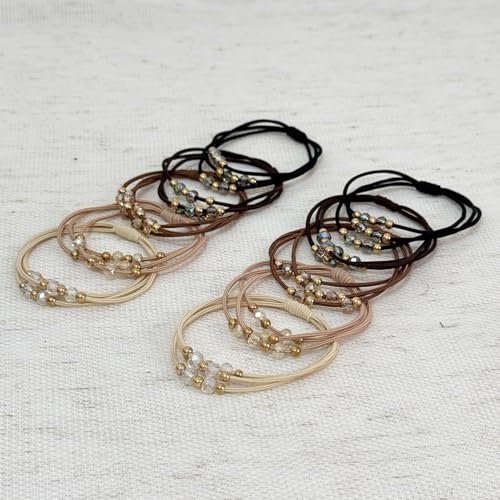 10pcs Brown Hair Ties with Gold & Crystal Beads, Thin Elastic Ponytail Holders for Women - color: Beige, Khaki, Brown, Dark Brown, Black