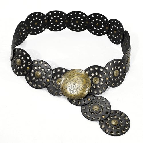 Wide Disc Belt for Women Vintage Leather Hollow Out Round Belt Western Waist Belt - color: Copper Black, size: XL (59.1 in)