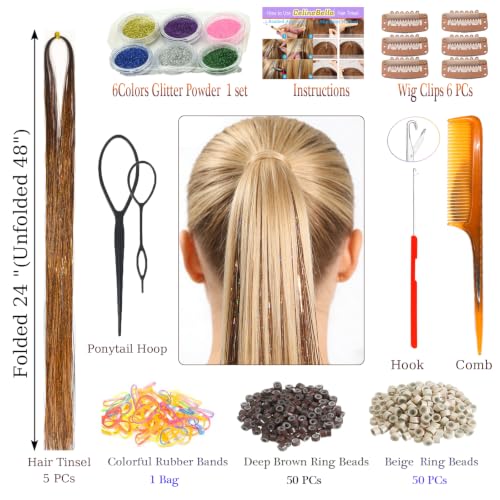 Celinebella Chestnut Brown Hair Tinsel, 48" 1250 Strands Natural Shimmer | Natural low-key chestnut brown tone, blends well with dark hair, heat resistant, great for office daily casual styling - color: 14-Chestnut Brown, size: 48 Inch Pack of 5Pcs