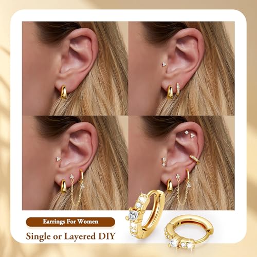 Turandoss Gold Earring for Women, 14K Gold Plated Hypoallergenic Chain Earring Dainty Huggie Flat Back Earrings Earring Stack for Multiple Piercings
