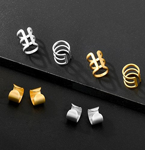 Tornito 4-10 Pairs Stainless Steel Ear Cuff Helix Cartilage Clip On Wrap Earrings Fake Nose Ring Non-Piercing Adjustable - color: B3:4 Pairs, Silver&Gold Tone