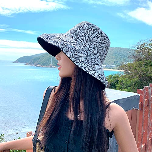 HUAMULAN Women Summer Sun Hat Wide Brim Wired Edge Floral Beach Bucket Hats Reversible Foldable Travel UV Protection Lady Hat - color: M2246-black