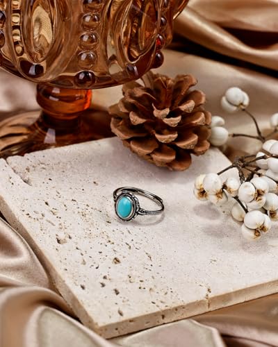 Turquoise Ring for Women, S925 Sterling Silver Boho Ring with Vintage Filigree Adjustable Design, Turquoise Birthstone Jewelry for Dating Daily Wear
