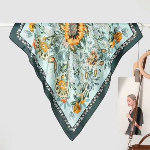 CHUNG Women's Scarf Hair Bandanas Square 27.5" Satin Wrap Fashion Pattern Scarves Emulation Silk Handbag Ribbons Necktie - color: Blue Flower-87#
