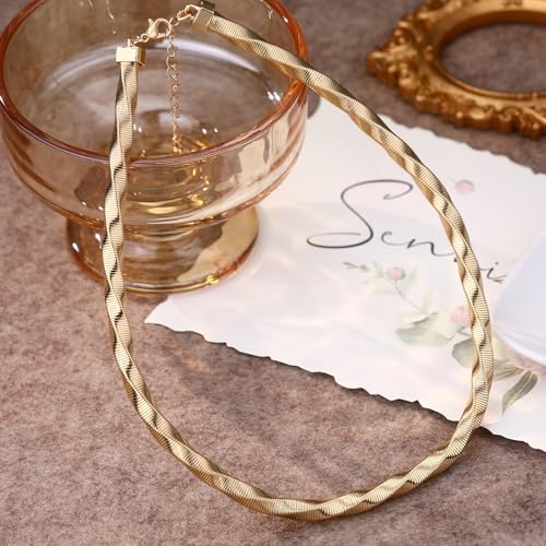 Chunky Gold Collar Choker Statement Necklace for Women Trendy | Gold Plated Layered Twist Flat Thick Snake Herringbone Chain African Torque Necklace Prom Boho Necklaces Party Jewelry Gift - style: Twist Link Chain/Gold
