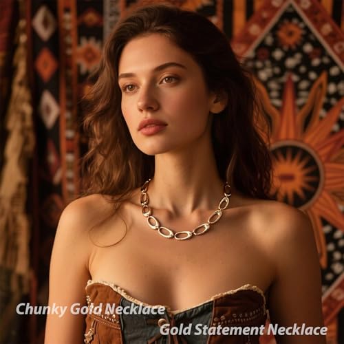 Chunky Chain Necklaces Women Statement Collar Necklace Gold Flat Snake Chain Choker Ribbed Design for Party, Dress Jewelry Gifts - color: A2