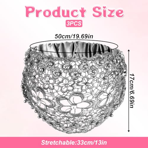 Tucnoeu 3pcs Boho-Chic Crystal & Pearl Embellished Wide Headbands, Wide Boho Pearl Headband for Wome, Floral Beaded Lace Elastic Headband Suitable for Daily Wear and Weddings Stylingvarious Holidays - color: blue, white, silver