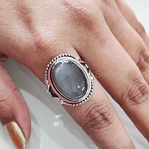 Natural Gray Moonstone Ring, Woman's Gray Moonstone Ring, June Birthstone, Bohemian Band, 925 Sterling Silver, Womens Ring, Christmas, Thanksgiving, Handmade, Statement Jewelry, Natural Gemstone Ring