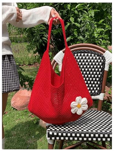 OYOANGLE Women's Floral Applique Crochet Beach Tote Bag Summer Boho Mesh Woven Tote Bag - color: Red
