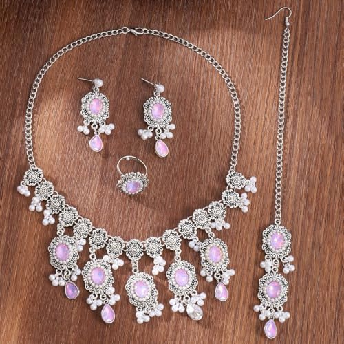Luxury Waterdrop Rhinestone Pearls Tassel Charm Necklace Earrings Ring Maang Tikka Jewelry 4PCS Set Oxidized Antique Silver Flower Choker Ethnic Indian Retro Crystal Bollywood Bridal Wedding for Women - color: Purple