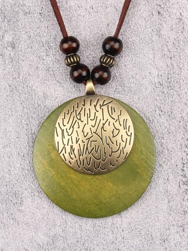 Kelake Leather Necklace for Women Men Teen Vinatge Boho Alloy Pendant Choker Jewelry Fashion Sweater Necklaces with Adjustable Genuine Leather Chain - color: Gold & Green Wood 2 Layers Round Pendant
