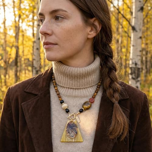 Boho Beaded Pendant Long Necklace for Women - Western Mixed Metal Necklace Style Jewelry Gift - color: Tri Stone