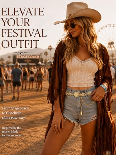 FIORETTO Western Waist Chain Belt Metal Concho Belt for Women Cowgirl Cowboy Boho Country Belt for Dress Jean - color: Gold-94, size: Fit Waist Up to 42"