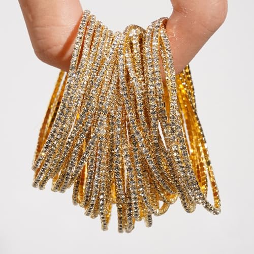 14K Gold Plated Dainty 10Pcs Colorful Cubic Zircon Crystal Beaded Adjustable Stackable Stretch Sparkling Tennis Chain Bracelet Set Birthday Wedding Jewelry for Women - color: gold
