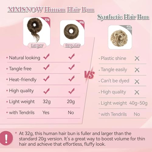 Messy Bun Hair Piece Real Human Hair Buns for Women, 32g Thick Updo Extensions, Hairpiece for Thinning Hairs Large Scrunchies Wigs for Instant Updos Style Party Daily Use Light Ash Brown - color: Light Ash Brown
