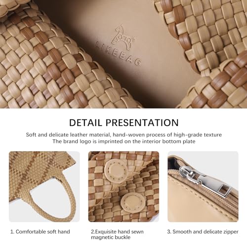 Woven Tote Bag Womens Purse Vegan Leather Shoulder Handbags Fashion Summer Beach Tote Bags Large Travel Totes - color: Apricot-b