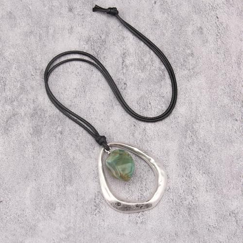 Bohemian Women's Leather Long Pendant Necklace Sweater necklace Adjustable Retro Woven Handmade Jewelry - color: Silver Water Drop Green Stone