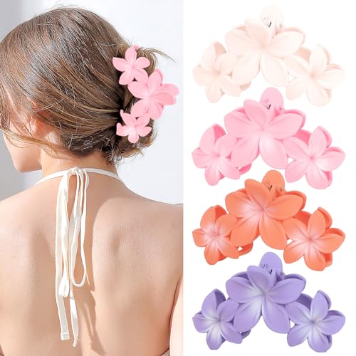ANBALA 4PCS Flower Claw Hair Clips, Large Plumeria Hair Accessories for Women and Girls - Colorful Hawaiian Non-Slip Strong Hold Clips for Thick Hair - color: A-4pcs large colorful flower