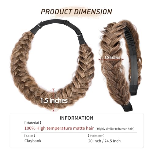 2PCs Braided Headband with teeth Handmade Messy Wide Synthetic Hair Elastic Stretch Fluffy Hairpiece for Brides (Claybank) - color: Claybank