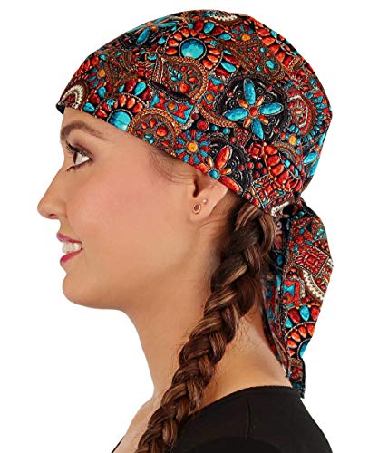 Sparkling EARTH - American Made Skull Caps Doo Rags Do Rag Durag Headwrap Head Wraps Skullies - Made in The USA! - color: Indian Jewelry Coral (Southwest Inspired)