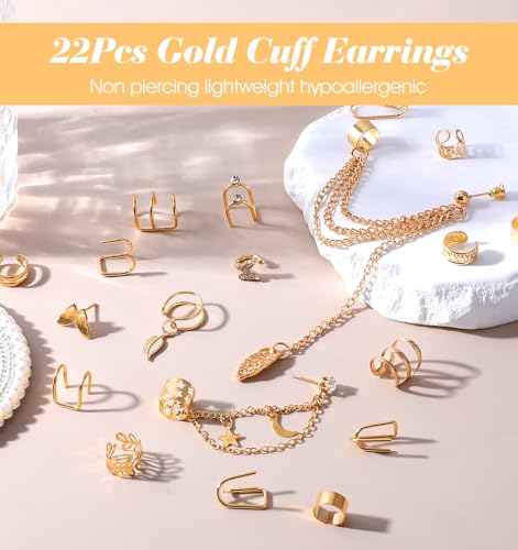 22 Pcs Gold Ear Cuffs Non Piercing, Lightweight Adjustable Clip On Earrings Fake Piercing, Skin-Friendly Cartilage Butterfly Chain Twist Helix Leaf Wrap Earrings Set, Trendy Jewelry for Women