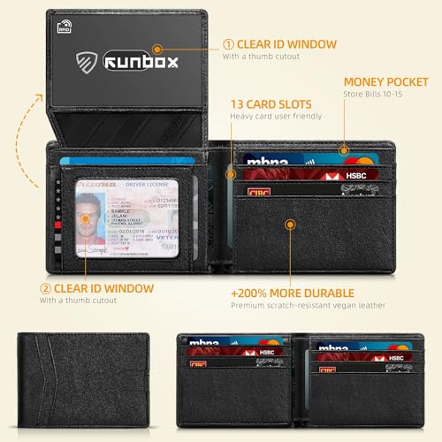 RUNBOX Wallet for Men -Slim Rfid Leather Mens Bifold Novelty Wallets 2 ID Window With Gift Box Men's Accessories | Slim - color: Black-Vegetable tanned leather
