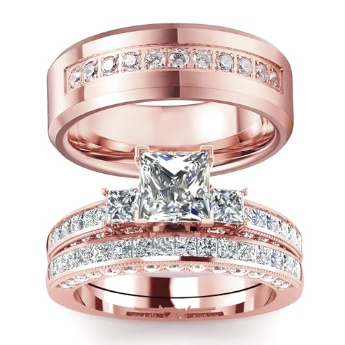 3Pcs Moissanite Wedding Rings Sets for Couples, s925 10K 14K 18K Real Gold Wedding Rings Sets for Him and Her, Customized Matching Engagement Bands Set for Men and Women Free Engraving - style: Style-9