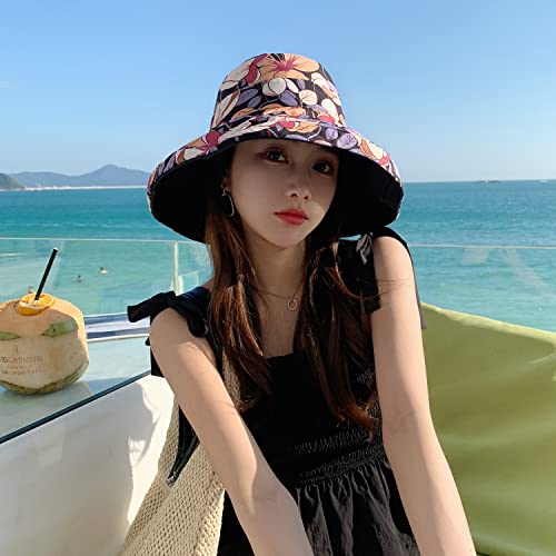 HUAMULAN Women Summer Sun Hat Wide Brim Wired Edge Floral Beach Bucket Hats Reversible Foldable Travel UV Protection Lady Hat - color: M1744-black