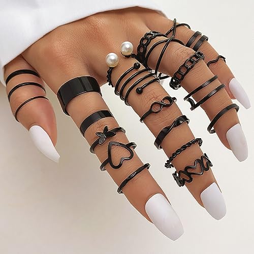 Knuckle Stackable Black Rings for Women Black Stacking Ring Set Vintage Boho Ring Set Butterfly Heart Pearl Rhinestone Stackable Statement Rings for Women - color: 22pcs black