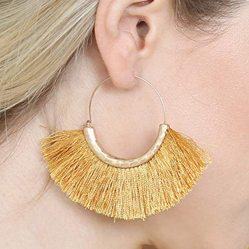 Bohemian Silky Thread Tassel Strand Fringe Statement Hoop Earrings - Lightweight Semi Circle Fan Threader, Mermaid Hoops - color: Halfmoon Tassel Hoops - Mustard