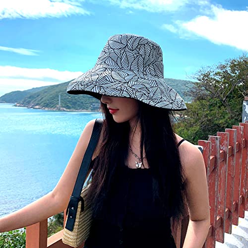 HUAMULAN Women Summer Sun Hat Wide Brim Wired Edge Floral Beach Bucket Hats Reversible Foldable Travel UV Protection Lady Hat - color: M2246-black