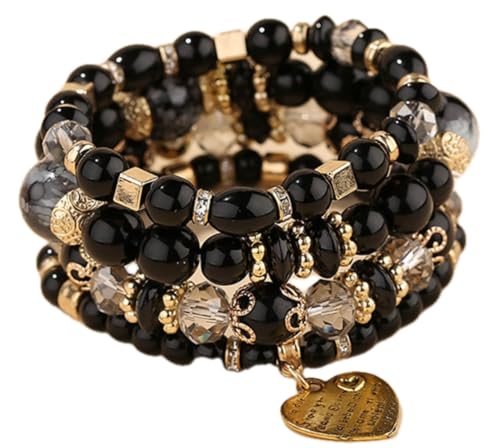 Women Beaded Bracelet Set | Colorful Boho Stackable Trendy Design with Crystal Accents Multilayer Bangle Bracelet | Fashion Stretch Braclets Jewelry for Women - color: Black