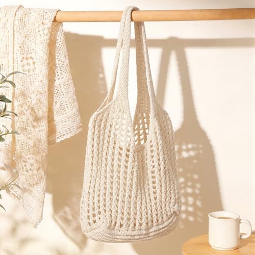 Tavaleu Crochet Tote Beach Bags for Women, Mesh Beach Tote Knit Bag, Summer Vacation Aesthetic Boho Hobo Shoulder Bag - color: Light Buff
