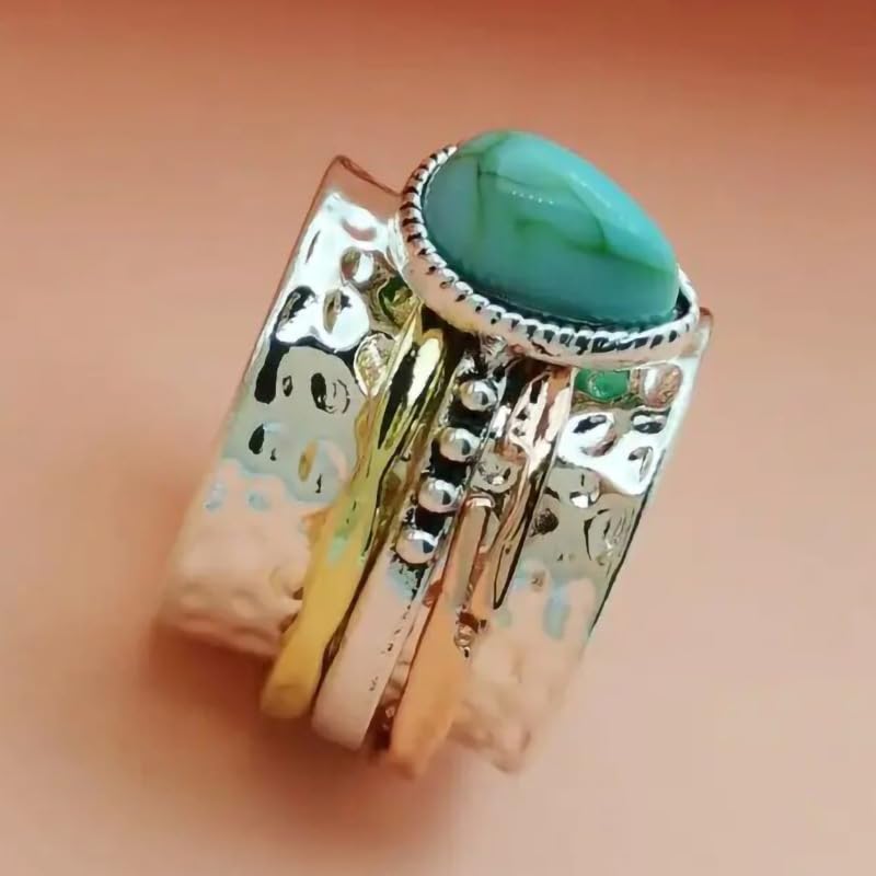 LRGKMCWTOB Vintage Sterling Silver Turquoise Ring for Women, Bohemian Style Handmade Dainty Ethnic Healing Stone Ring, Tribal Totem Cut Natural Turquoise Bridal Statement Ring Gift Size 7 - size: Size 7