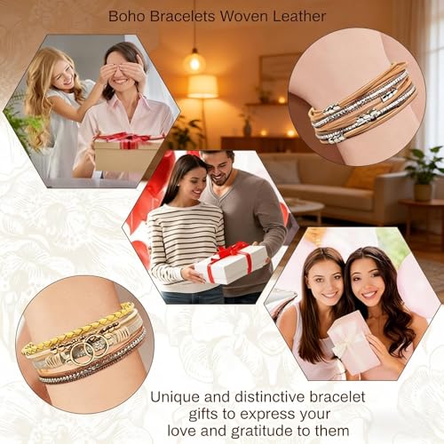 Multi-Layer Leather Wrap Bracelets for Women, Elegance Bracelet Jewelry for Women (Beige)