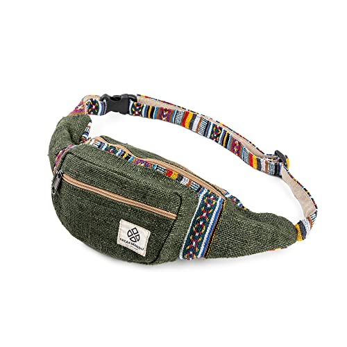 Freakmandu Eco-Friendly Green Boho Hippie Style Hemp Fanny Pack Cross Body Hip Waist Bag for Hiking Running Jogging (Safari) - color: Safari