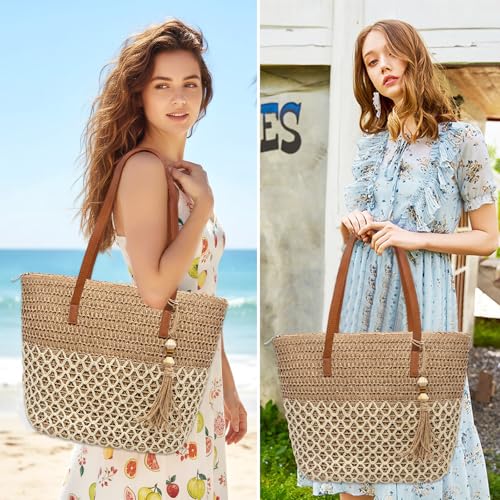 YAMEIZE Straw Woven Beach Shoulder Bags for Women Big Foldable Straw Tote bag Lightweight Raffia Bag with Zipper Summer - color: Multicoloured