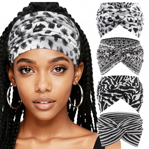 AQOKKA Extra Wide Headbands for Women Large Turban Headband Non Slip Boho Elastic Hairband Hair Twisted Knot Head Bands Accessories - color: 4 Pcs: Leopard Print + Stripes